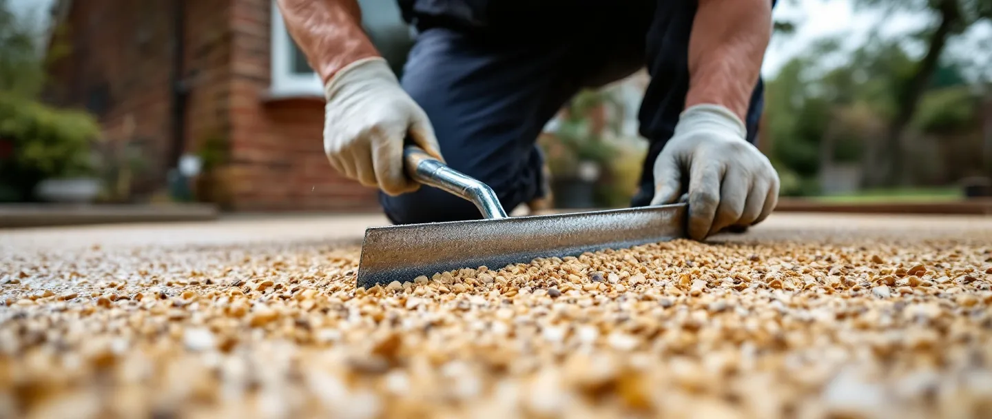 Installer trowelling resin bound aggregate by hand on a driveway