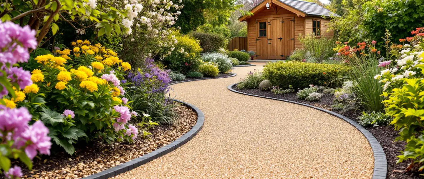 Curving resin bound garden path between planted borders